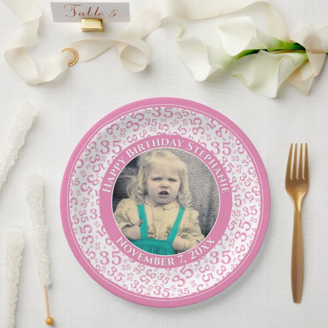 35 Your Photo Random Number Pattern Pink/White Paper Plate (Wedding)
