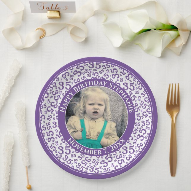 35 Your Photo Random Number Pattern Purple/White Paper Plate (Wedding)
