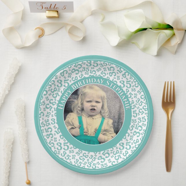 35 Your Photo Random Number Pattern Teal/White Paper Plate (Wedding)