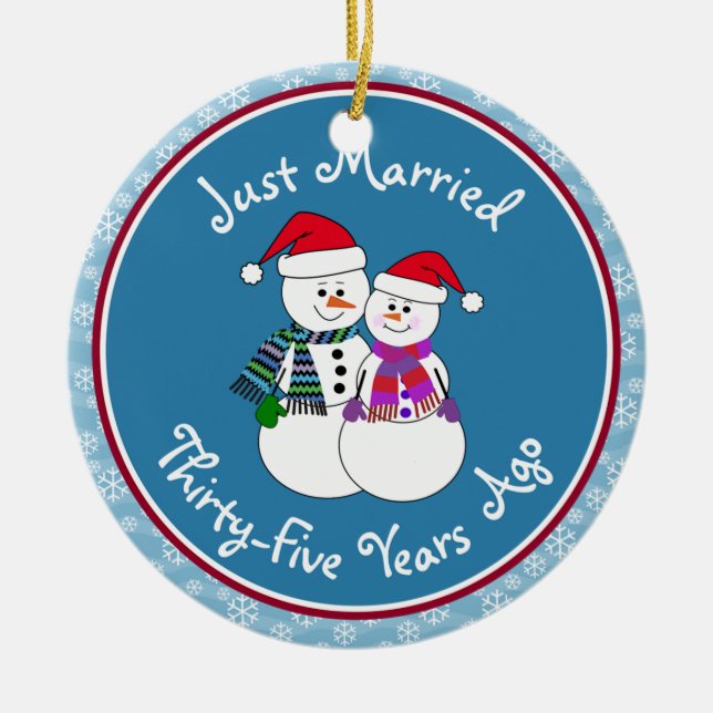 35th Anniversary Gift Fun Snow Couple Christsmas Ceramic Tree Decoration (Front)