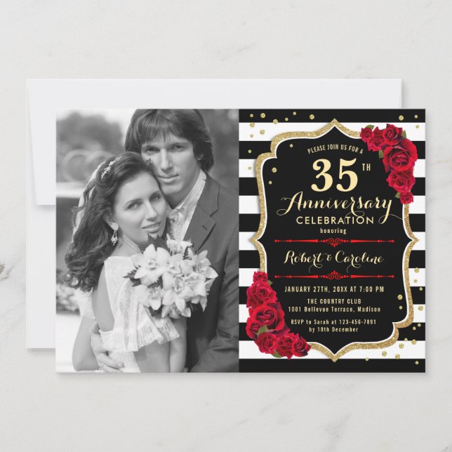 35th Anniversary with Photo - Gold Black Red Invitation (Front)