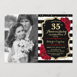 35th Anniversary with Photo - Gold Black Red Invitation