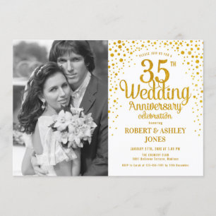 35th Anniversary with Photo - White Gold Invitation