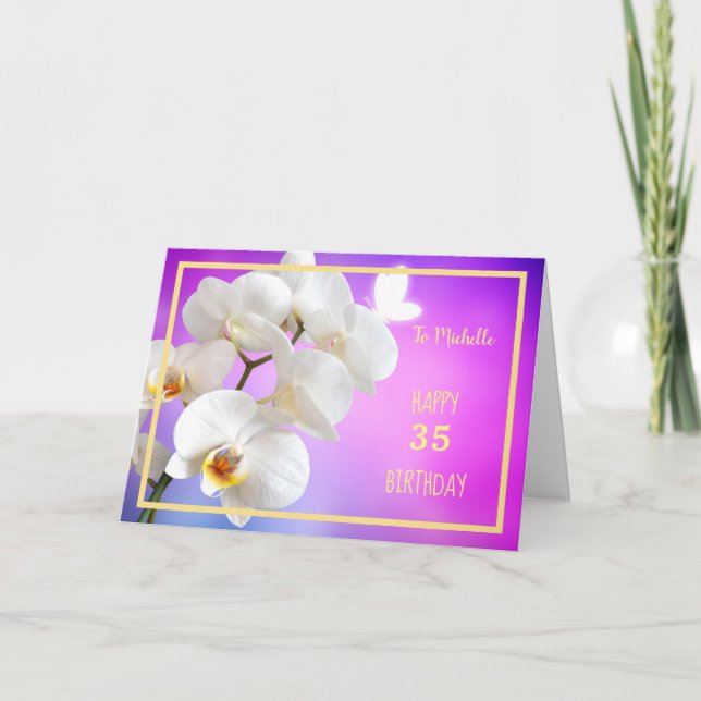 35th Bday Michelle White Orchids Golden Frame Chic Card (Front)