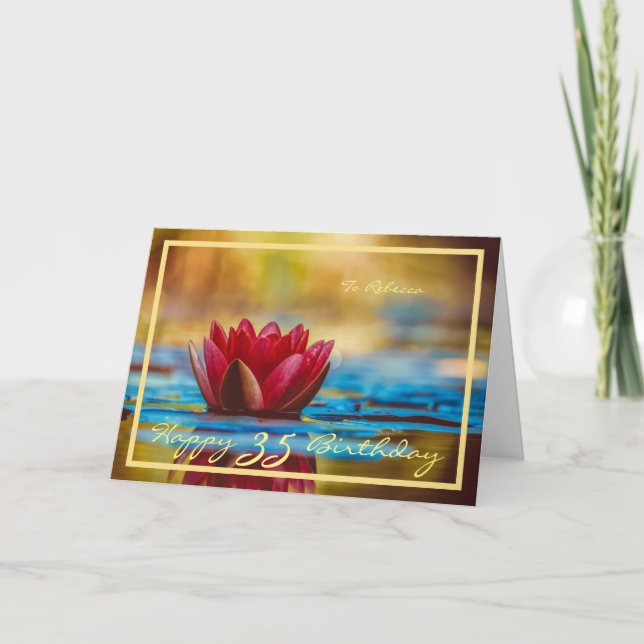 35th Bday Rebecca Red Water Lily Gold Frame Chic Card (Front)