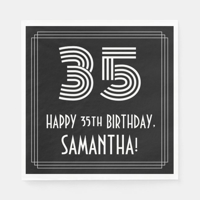 35th Birthday: Art Deco Inspired Look "35" + Name Napkin (Front)