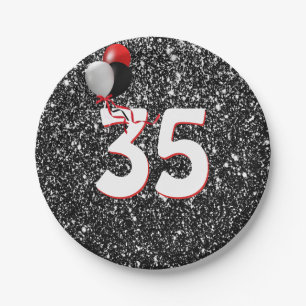 35th Birthday Balloons on Black Glitter Paper Plate