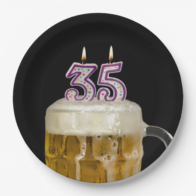 35th Birthday Beer on black Paper Plate (Front)