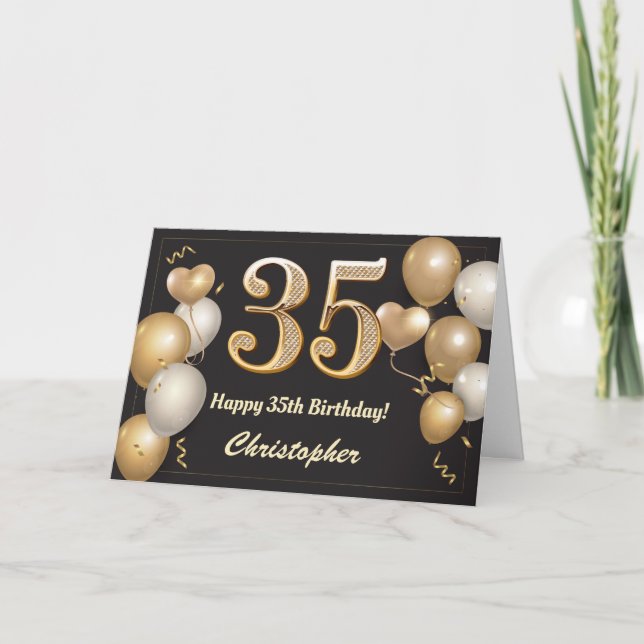 35th Birthday Black and Gold Balloons Birthday Card (Front)