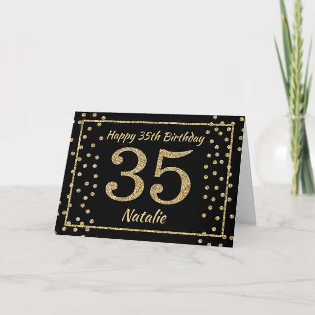 35th Birthday Black and Gold Glitter Confetti Card (Front)