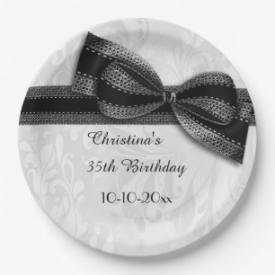 35th Birthday Black Damask and Faux Bow Paper Plate