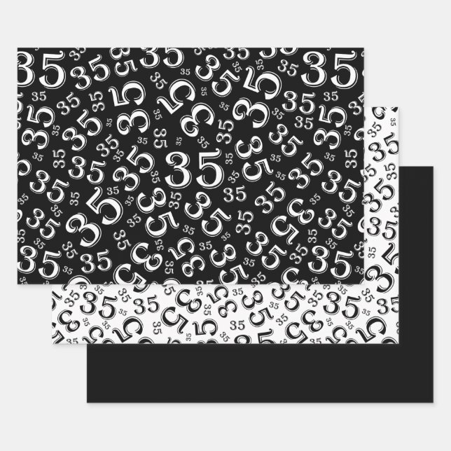35th Birthday Black/White Random Number Pattern 35 Wrapping Paper Sheet (Set)