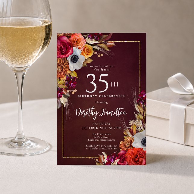 35th Birthday Burgundy Fall Flowers Elegant Script Invitation (Creator Uploaded)