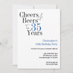 35th Birthday Cheers Beers Party Blue Typography Invitation