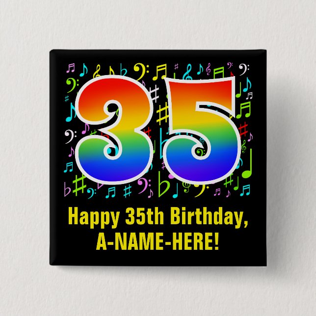 35th Birthday: Colourful Music Symbols, Rainbow 35 15 Cm Square Badge (Front)