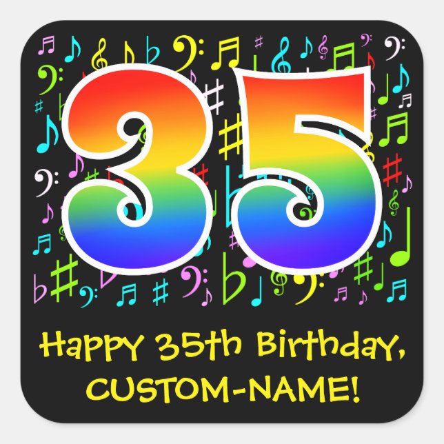 35th Birthday: Colourful Music Symbols, Rainbow 35 Square Sticker (Front)