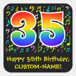 35th Birthday: Colourful Music Symbols, Rainbow 35 Square Sticker