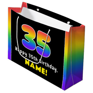 35th Birthday: Colourful Rainbow # 35, Custom Name Large Gift Bag