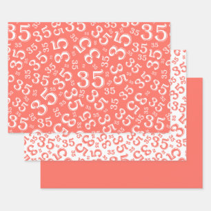 35th Birthday Coral/White Random Number Pattern 35 Wrapping Paper Sheet