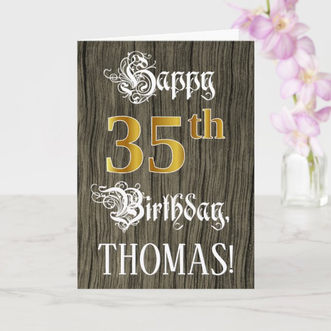 35th Birthday: Faux Gold Look + Faux Wood Pattern Card (Orchid)