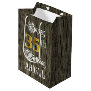 35th Birthday: Faux Gold Look & Faux Wood Pattern Medium Gift Bag