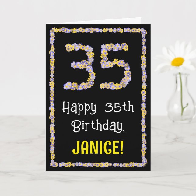 35th Birthday: Floral Flowers Number, Custom Name Card (Small Plant)