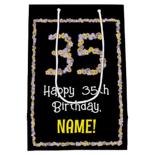 35th Birthday: Floral Flowers Number, Custom Name Medium Gift Bag