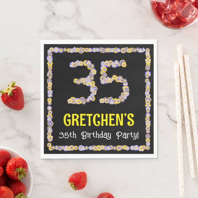35th Birthday: Floral Flowers Number, Custom Name Napkin (Insitu)