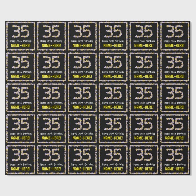 35th Birthday: Floral Flowers Number, Custom Name Wrapping Paper (Flat)
