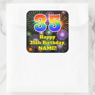 35th Birthday: Fun Fireworks Look, Rainbow # 35 Square Sticker