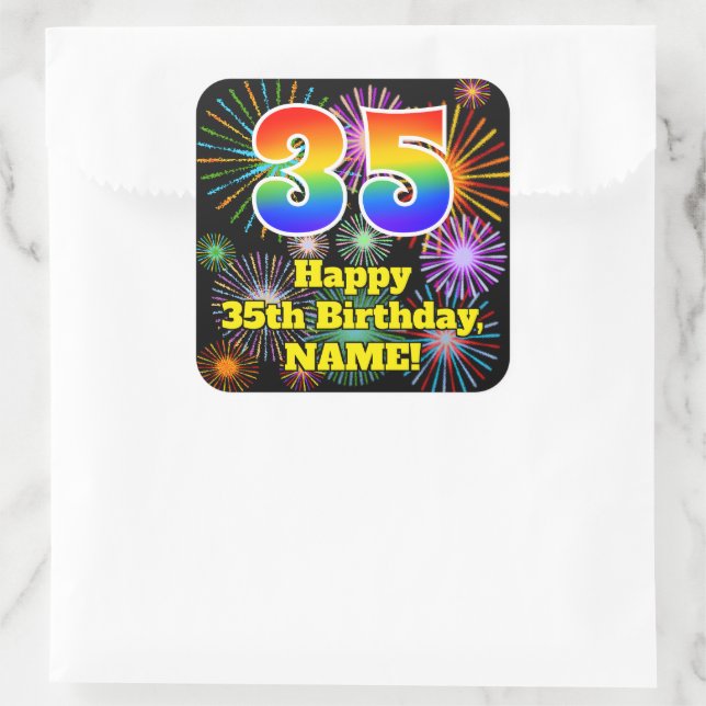 35th Birthday: Fun Fireworks Look, Rainbow # 35 Square Sticker (Bag)