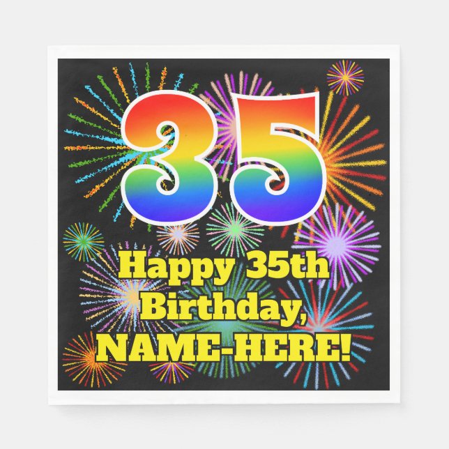 35th Birthday: Fun Fireworks Pattern + Rainbow 35 Napkin (Front)