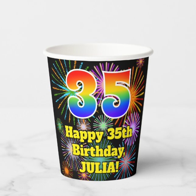 35th Birthday: Fun Fireworks Pattern + Rainbow 35 Paper Cups (Back)