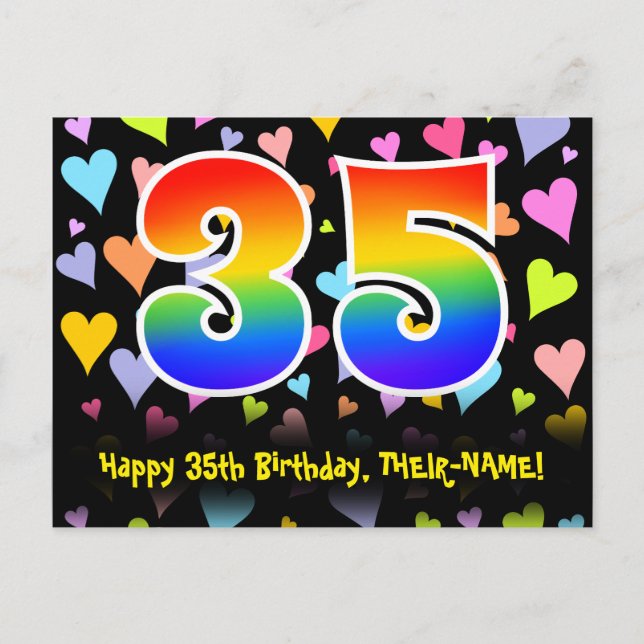 35th Birthday: Fun Hearts Pattern, Rainbow 35 Postcard (Front)