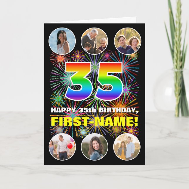 35th Birthday: Fun Rainbow #, Custom Name & Photos Card (Front)