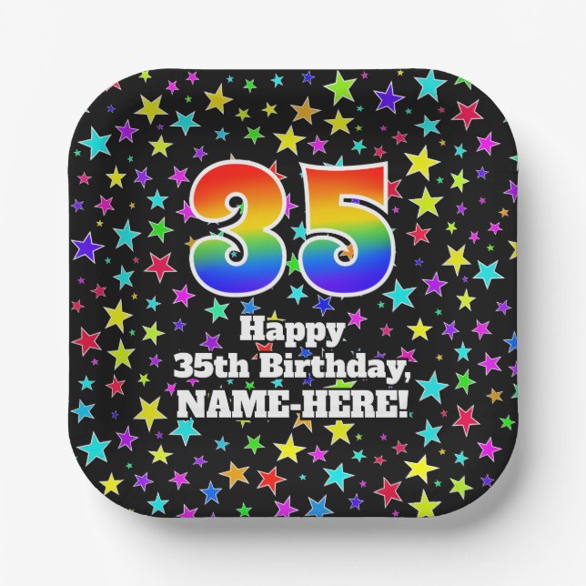 35th Birthday: Fun Stars Pattern and Rainbow “35” Paper Plate (Front)