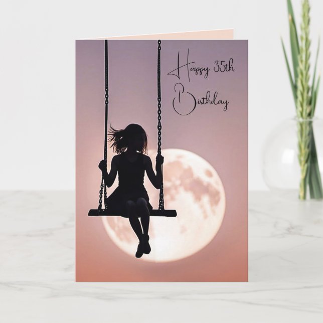 35th Birthday Girl On Swing With Moon Card (Front)