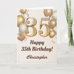 35th Birthday Gold Balloons and Confetti Birthday Card