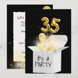 35th Birthday Gold Balloons In White Box Invitation