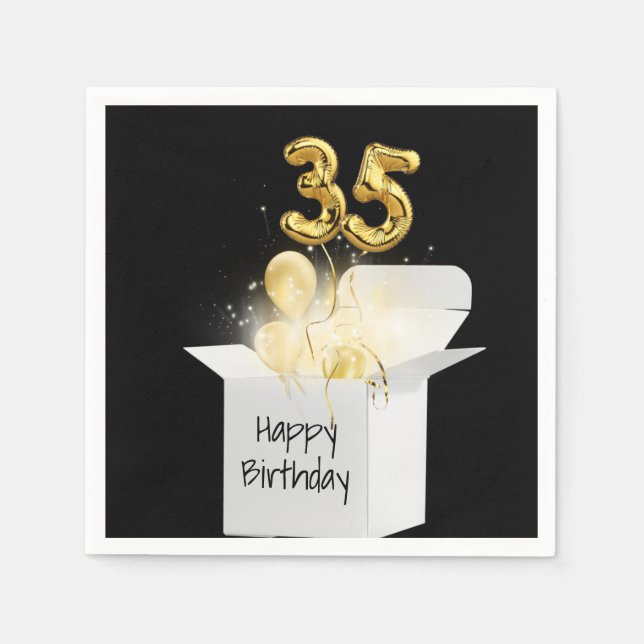 35th Birthday Gold Balloons In White Box  Napkin (Front)
