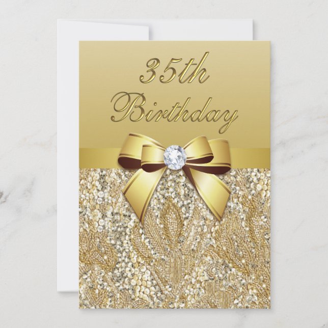 35th Birthday Gold Faux Sequins and Bow Invitation (Front)