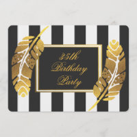35th Birthday Gold Feather Black White Stripes