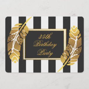 35th Birthday Gold Feather Black White Stripes Invitation