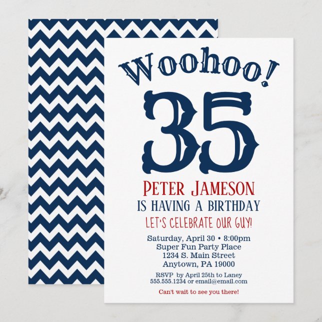 35th Birthday Invitation Mens Navy Blue (Front/Back)