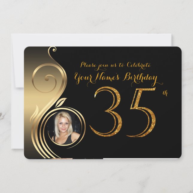 35th,Birthday Invitation,Number Glitter Gold,Photo Invitation (Front)