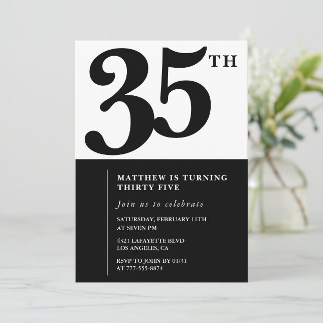 35th birthday invitations Black and White Elegant (Standing Front)