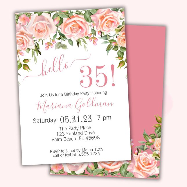 35th Birthday Invitations Pink Floral Modern Party (Creator Uploaded)