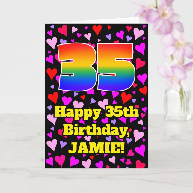 35th Birthday: Loving Hearts Pattern, Rainbow # 35 Card (Orchid)