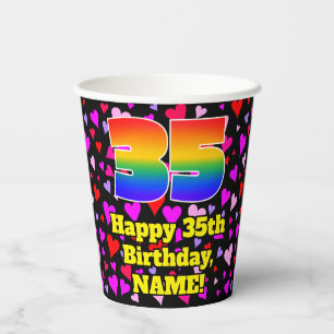 35th Birthday: Loving Hearts Pattern, Rainbow 35 Paper Cups
