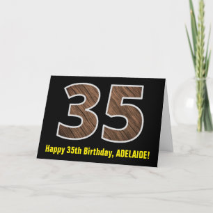 35th Birthday: Name + Faux Wood Grain Pattern "35" Card